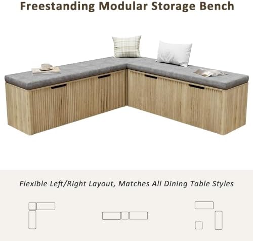 OIGAE L-Shaped Breakfast Corner Storage Bench with Padded Seat, Fluted Backless Dining Nook Bench for Kitchen, Entryway