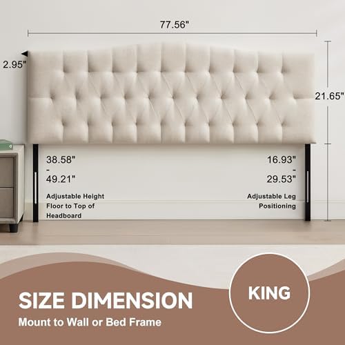 Tufted Upholstered King Size Headboard Only, Adjustable 38-50 in, Beige