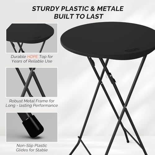 VINGLI 24" Plastic Folding Round Table Bar Height, HDPE Matrial with Gray Metal Finish, High Top Table for Outdoor Party, Cafes, Restaurants, Backyard, Dining Room, Wedding Event,1 Pack, Black