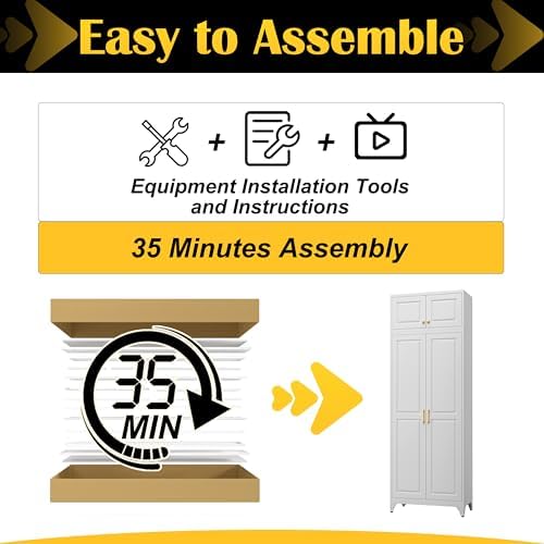 SteeLoong 90”Metal Pantry Storage Cabinet with Doors & 4 Adjustable Shelves | Kitchen Pantry Cabinet,White Kitchen Cabinet with 4 Gold Handles,Tall Cabinet for Livingroom,Pantry, Bathroom,Kitchen,Garage