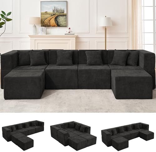 MONVANE 130'' Modular Sectional Cloud Couch for Living Room, 6 Seater Convertible Chenille Couches Set with Ottoman & Pillow, No Assembly Compression Sofas, Comfy Floor Sofa with Memory Foam, Black