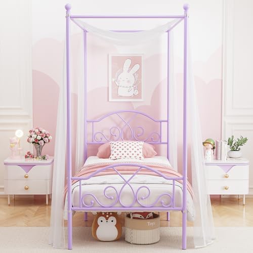 Twin Princess Canopy Bed Frame with 4 Posters, Twin Size Bed for Kids Girls