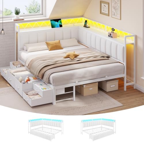 Corner Queen Bed Frame with 6 Storage Drawers, Open Shelves,Charging Ports