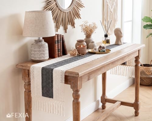 FEXIA Boho Table Runner with Tassels for Home Decor 12x72 Inches Grey