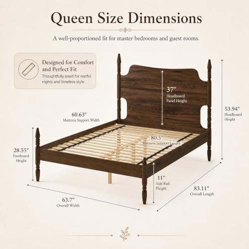 Queen Farmhouse Wood Platform Bed Frame with Headboard, Walnut Poster Bed