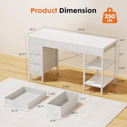 Sweetcrispy 55" Computer Desk with 6 Fabric Drawers & Storage Shelves