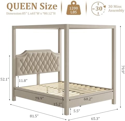 IDEALHOUSE Queen Size Canopy Bed Frame with Nailhead Decoration Headboard