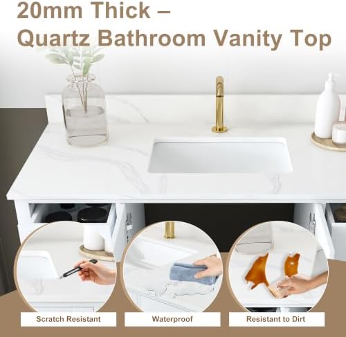 Montary 42" Bathroom Vanity with Sink & 43" Carrara Quartz Top | with 1 Pre-Drilled Faucet Holes, Solid Wood Cabinet, Soft-Close Double Doors & 9 Smooth-Glide Drawers,White