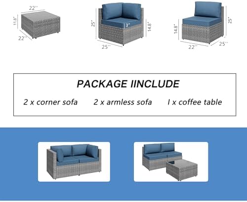 5 Piece Outdoor Patio Furniture Set with Silver PE Rattan, Navy Blue