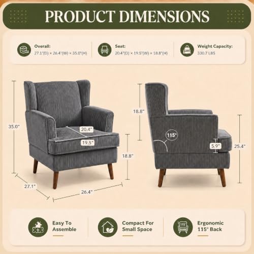 VINGLI 26" Wingback Accent Chair, Corduroy Armchair for Bedroom Living Room