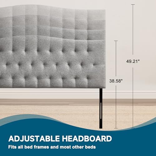 Tufted Upholstered King Size Headboard Only, Adjustable 38-50 in, Gray