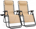 Sweetcrispy Zero Gravity Chairs, Set of 2 Portable Recliner Beach Camping Patio Outdoor Folding Lounge Chair with Cup Holder Trays and Adjustable Pillow for Poolside, Garden, Backyard, Lawn, Khaki