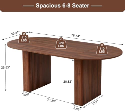 78.7" Oval Dining Table for 6–8, Fluted Pedestal Kitchen Table, Walnut