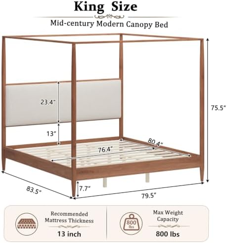 King Size Wood Canopy Bed Frame, Walnut Vintage Four-Posters Platform Bed