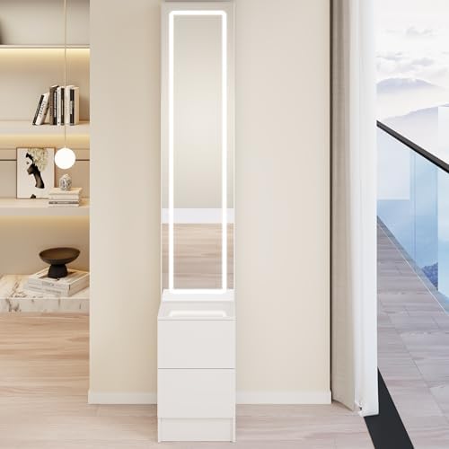 LED Full Length Mirror Jewelry Cabinet with Storage, 3 Color Adjustable Lighting Dressing Mirror Armoire, Large Standing Vanity Mirror Organizer Cabinet for Makeup & Jewelry Storage (White)