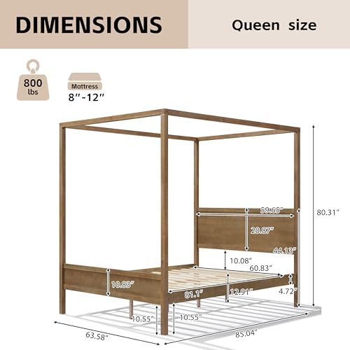 Merax Queen Canopy Bed Frame with Headboard & 4 Posters, Antique Natural