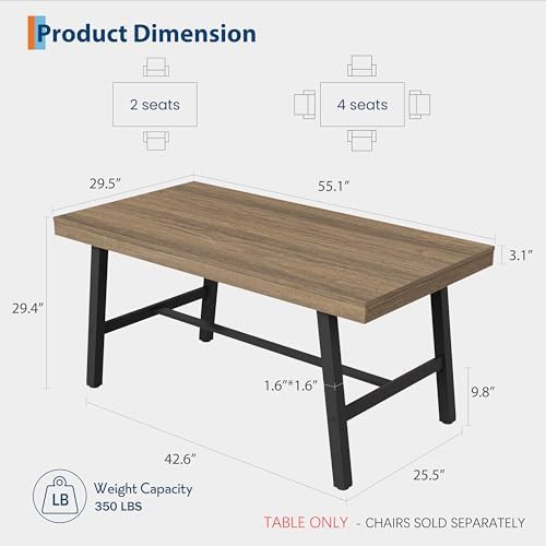 GarveeHome Industrial Dining Table for 2-4, 55" Heavy Duty Rectangular Kitchen Table with 2"×2" Metal Legs, Small Space Dining Table for Kitchen, Dining Room (Rustic Pear, 55" Non-extendable)