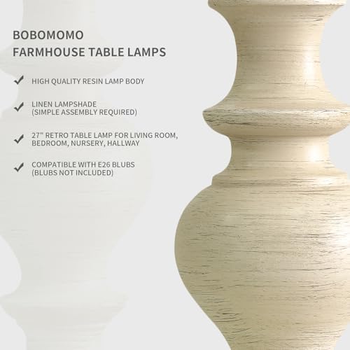 BOBOMOMO 27" Antique White Table Lamps Set of 2, Large Vintage Resin Lamps with Linen Shades, Farmhouse White Lamps for Bedroom, Living Room, or Console Table Elegant Home Décor