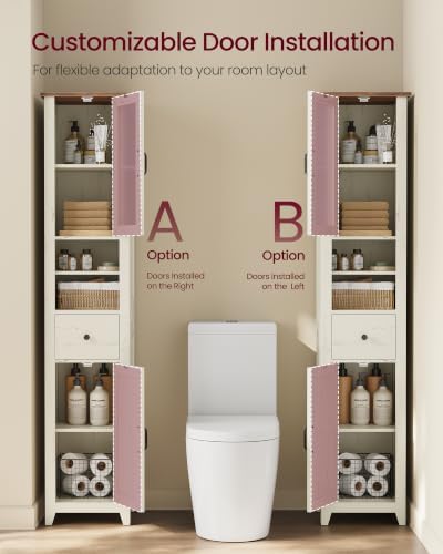 VASAGLE Tall Bathroom Cabinet, Narrow Space Saver, 13 x 12.4 x 67.3 inch | Farmhouse Freestanding Storage Cupboard with Drawer and Doors, Rustic White and Honey Brown, LIRY Collection UBBK660W101S