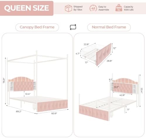 Queen Size Upholstered LED Canopy Bed Frame with 2 Drawers and & Charging Station, Button Tufted Storage Headboard, Metal Platform Bed with 4 Removable Posts, No Box Spring Needed, Pink