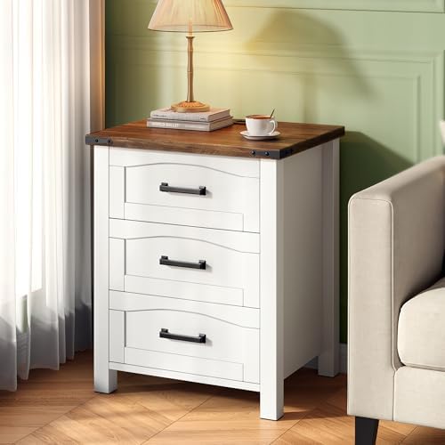 Decofy Farmhouse Nightstand Set of 2 with Charging Station, 3 Drawers