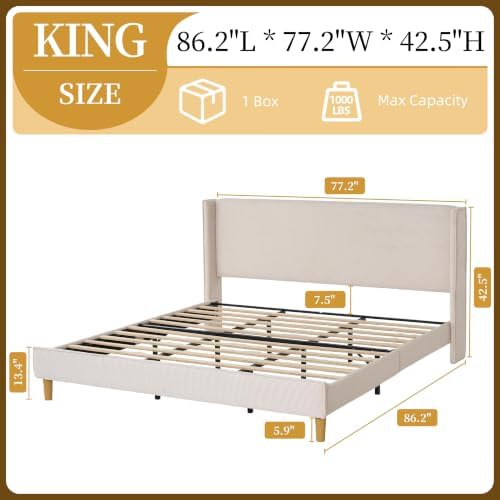 King Corduroy Upholstered Platform Bed with Headboard Wingback, Beige