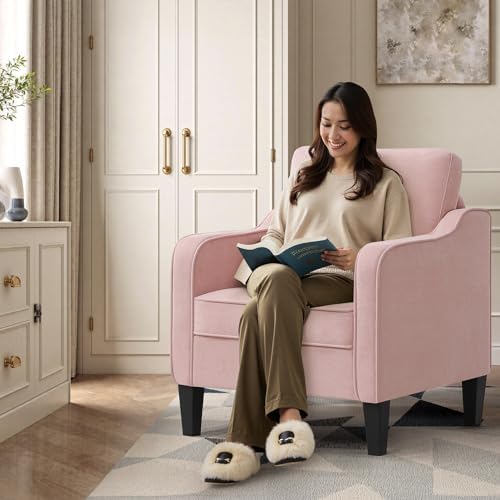 Accent Chairs Set of 2, Upholstered Living Room Chair with Side Pockets, Mid Century Modern Reading Chair for Bedroom, Comfy Armchair Single Sofa Side Chair for Office, Small Room, Pink