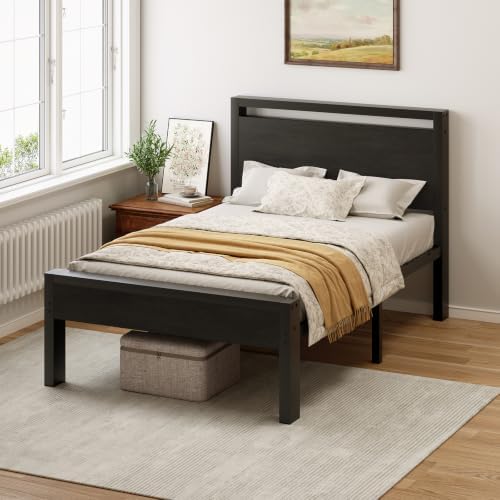 Sweetcrispy 14 Inch Twin Bed Frame with Wood Headboard, Black