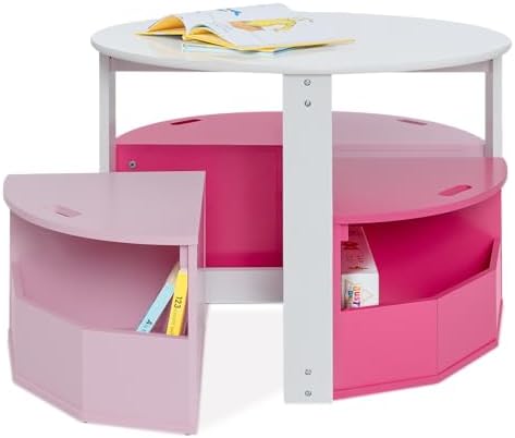 Milliard Toddler Table and Chair Set – Round Kids Activity Table With 4 Storage Stools, Nesting Design for Toddlers, Kids Play Table with Storage - Space-Saving Playroom Kids Furniture - (Pink)