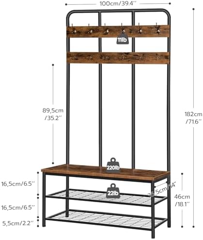 HOOBRO Hall Tree with Bench, Entryway Bench with Coat Rack, Mud Room Rack with 12 Double Hooks and Shoe Storage, Coat Tree, Shoe Rack Organizer, for Foyer, Front Door, Rustic Brown BF05MT01