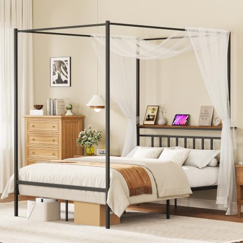 Full Canopy Bed Frame with Storage Headboard Minimalist Style 4 Posters Bed