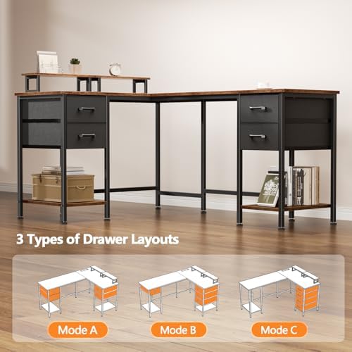 Korfile 59 inch L Shaped Computer Desk with Power Outlets, Rustic Brown