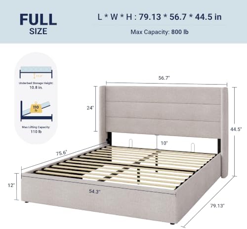 Allewie Full Size Lift Up Hydraulic Storage Bed Frame Light Beige