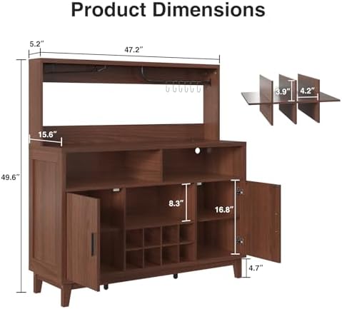 Vabches Fluted Coffee Bar Cabinet with Charging Station, 47.2" W Home Bar