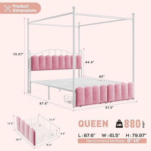 Homkdom Queen Size Canopy Bed Frame with 2 Drawers and LED & Charging,Pink