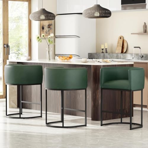 26" H Counter Height Bar Stools Set of 3, Modern Barrel Counter Stools with Backrest and Arms, Faux Leather Upholstered Accent Barstools for Kitchen Island,Support 450 LBS (Green)