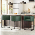 26" H Counter Height Bar Stools Set of 3, Modern Barrel Counter Stools with Backrest and Arms, Faux Leather Upholstered Accent Barstools for Kitchen Island,Support 450 LBS (Green)