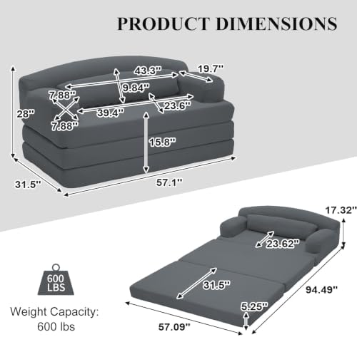 57” Convertible Sleeper Sofa Bed, Boneless Couch, Dark Grey