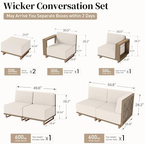 8pcs Outdoor Sectional, Patio Furniture with 10" Thick Cushions, Beige