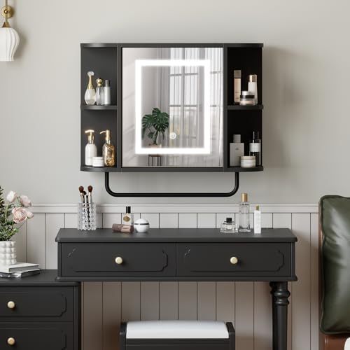 MAHANCRIS Bathroom Wall Cabinet with Mirror, Mirrored Medicine Cabinet with LED Light and Open Shelves, Wall Mounted Over Toilet Storage Cabinets with Adjustable Shelf, 21.7"L x 6.7"W x 18.1"H, Black