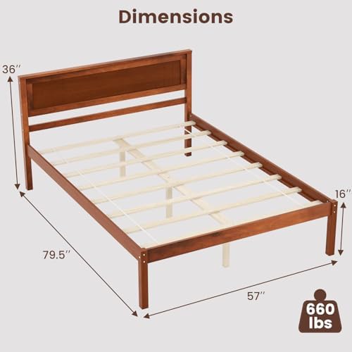 GIANTEX Full Size Wood Platform Bed with Headboard, Mid Century Solid Wood Full Bed with Slat Support, Double Bed Frame with 16" Under Bed Storage, No Box Spring Needed, Easy Assembly, Walnut