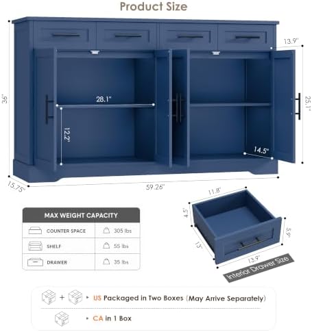 HOSTACK 60" W Sideboard Buffet Cabinet with Storage, Kitchen Cabinet, Blue