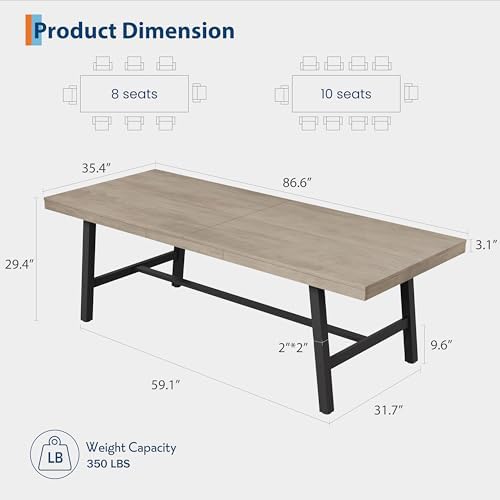 GarveeHome Industrial Dining Table for 8-10 People, 86.61" Long Kitchen Table with Sturdy Metal Frame, Rectangular Counter for Dinner, Kitchen, Dining Room (Grey, 87" Non-extendable)