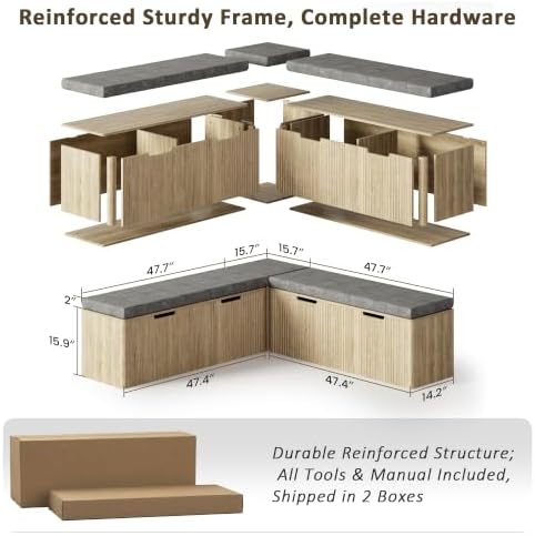 OIGAE L-Shaped Breakfast Corner Storage Bench with Padded Seat, Fluted Backless Dining Nook Bench for Kitchen, Entryway