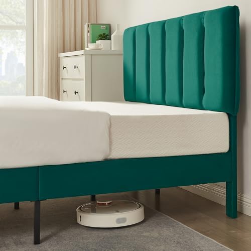 VECELO Full Size Bed Frame with Upholstered Headboard, Dark Green