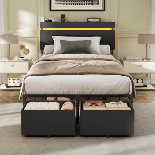 Forestell Twin Bed Frame with Wood Headboard,2 Storage Drawers & Shelf