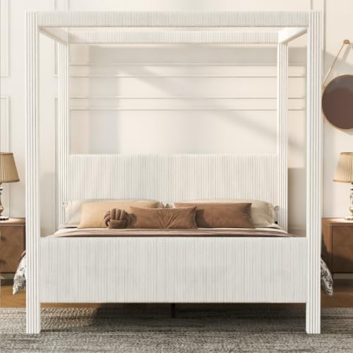 Queen Size Canopy Bed with Upholstered Headboard & Footboard, Beige