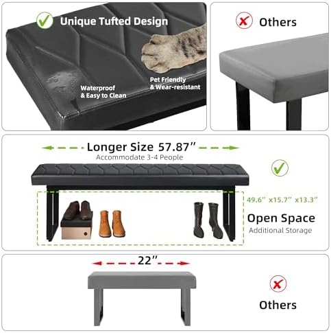 STHOUYN Black Faux Leather Benches Set of 2, 58 Inch Padded Seats
