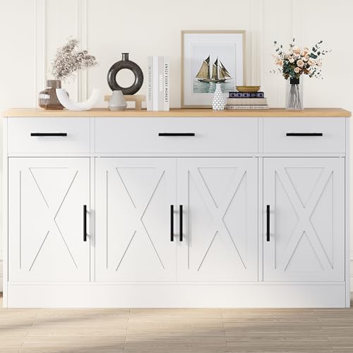 Shintenchi Buffet Cabinet with Storage,53.4" Large Kitchen Storage Cabinet with 3 Drawers and 4 Doors,Wood Farmhouse Buffet Sideboard with Adjustable Shelf for Kitchen Living Room, White