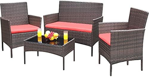Greesum Patio Furniture 4 Pieces Conversation Sets,Brown and Red